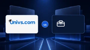 Univs.com logo versus a neutral traditional education-agent symbol on a dark blue comparison background