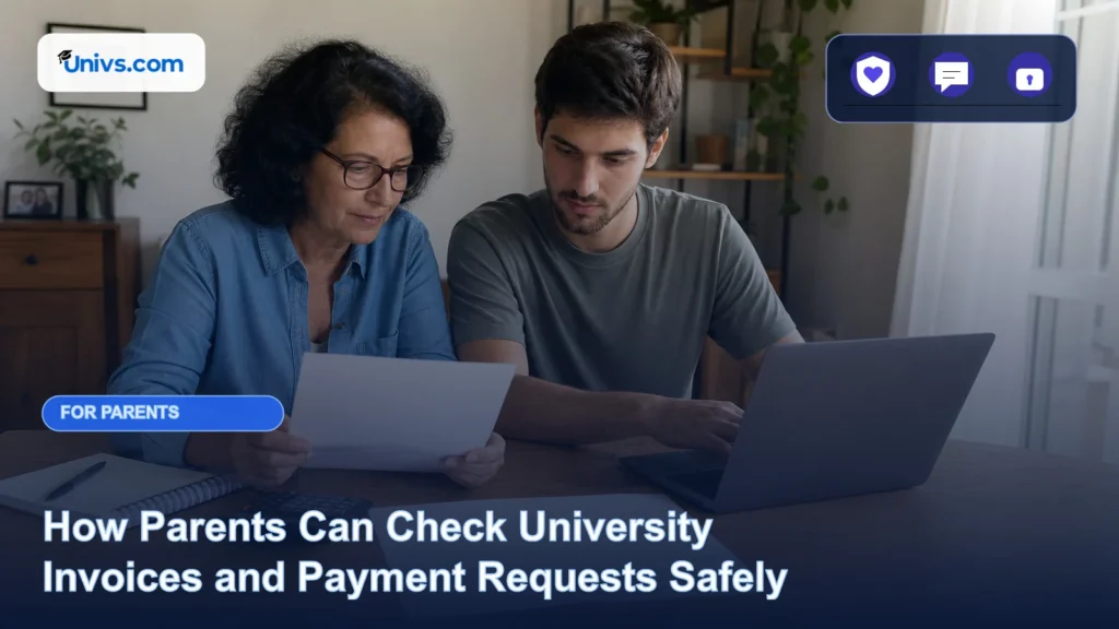 Realistic editorial photograph of a fictional parent and adult student checking a blank university invoice beside a calculator and laptop with the exact Univs brand mark and an audience-specific editorial icon panel.