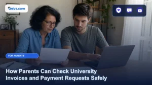 Realistic editorial photograph of a fictional parent and adult student checking a blank university invoice beside a calculator and laptop with the exact Univs brand mark and an audience-specific editorial icon panel.