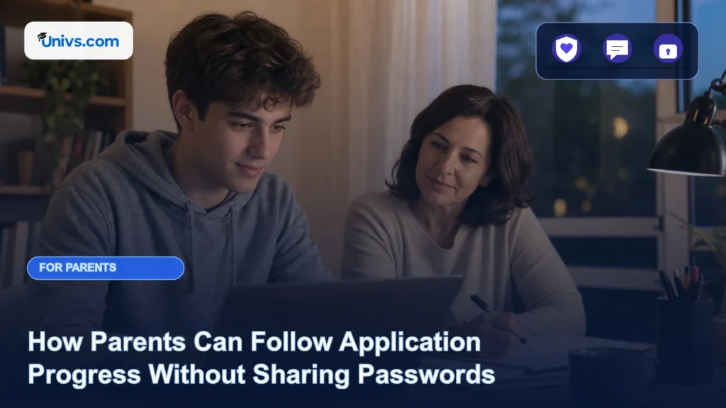 Realistic editorial photograph of a fictional parent beside an adult student who controls a laptop showing an abstract application timeline with the exact Univs brand mark and an audience-specific editorial icon panel.