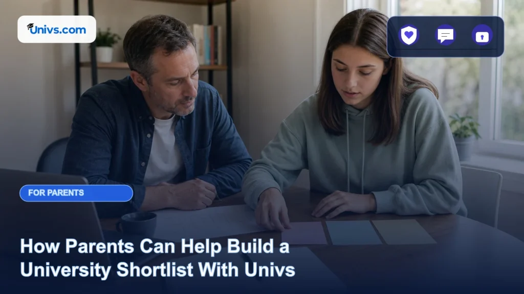 Realistic editorial photograph of a fictional parent and adult student comparing blank programme cards while building a university shortlist with the exact Univs brand mark and an audience-specific editorial icon panel.