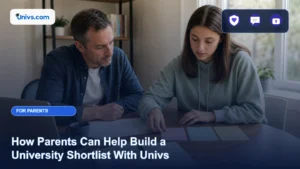 Realistic editorial photograph of a fictional parent and adult student comparing blank programme cards while building a university shortlist with the exact Univs brand mark and an audience-specific editorial icon panel.