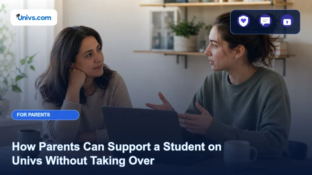 Realistic editorial photograph of a fictional parent listening while an adult student controls a laptop and explains an application plan with the exact Univs brand mark and an audience-specific editorial icon panel.