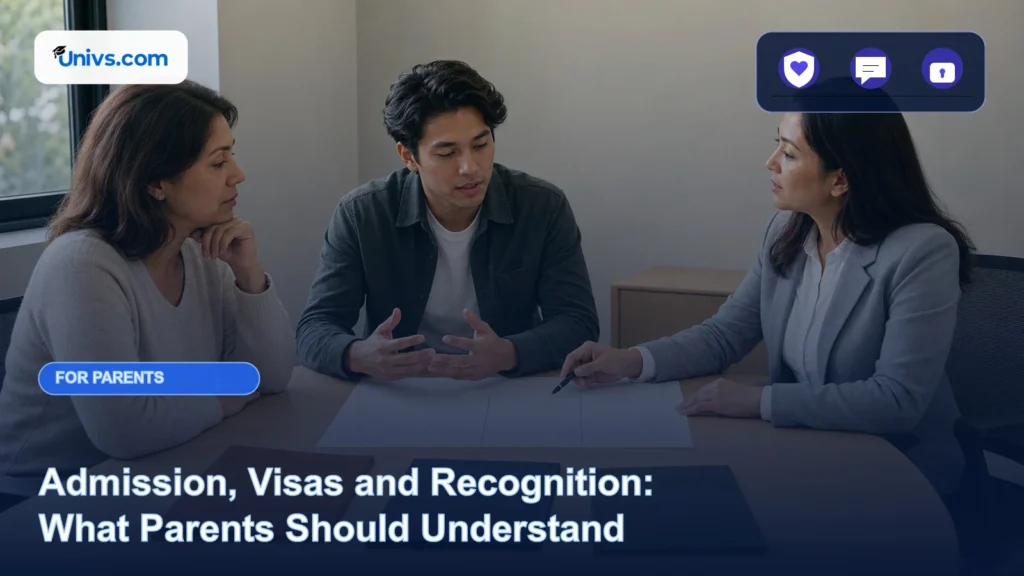 Realistic editorial photograph of a fictional parent, adult student and adviser discussing three separate blank decision columns with the exact Univs brand mark and an audience-specific editorial icon panel.