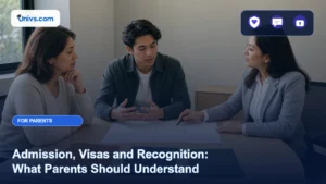 Realistic editorial photograph of a fictional parent, adult student and adviser discussing three separate blank decision columns with the exact Univs brand mark and an audience-specific editorial icon panel.