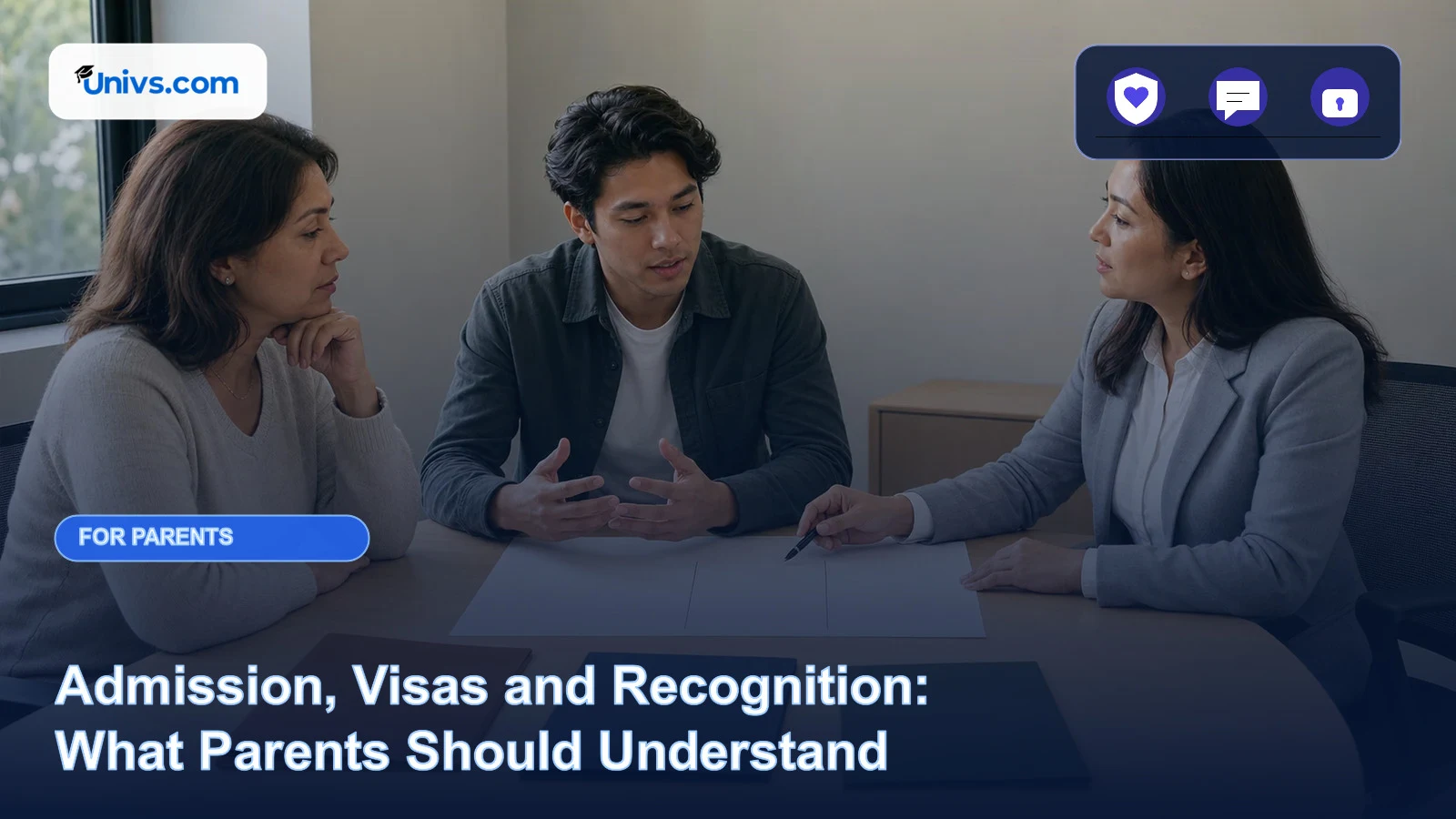 Realistic editorial photograph of a fictional parent, adult student and adviser discussing three separate blank decision columns with the exact Univs brand mark and an audience-specific editorial icon panel.