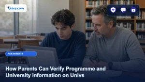 Realistic editorial photograph of a fictional parent and adult student cross-checking a blank programme page and notes in a generic library with the exact Univs brand mark and an audience-specific editorial icon panel.