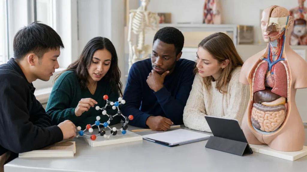 Realistic editorial photograph of students comparing pharmacy and medicine degree routes