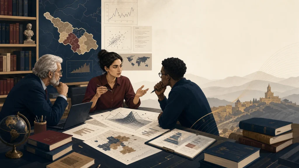 Editorial illustration of an international economics doctoral researcher discussing models and data with supervisors
