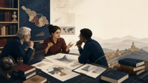 Editorial illustration of an international economics doctoral researcher discussing models and data with supervisors