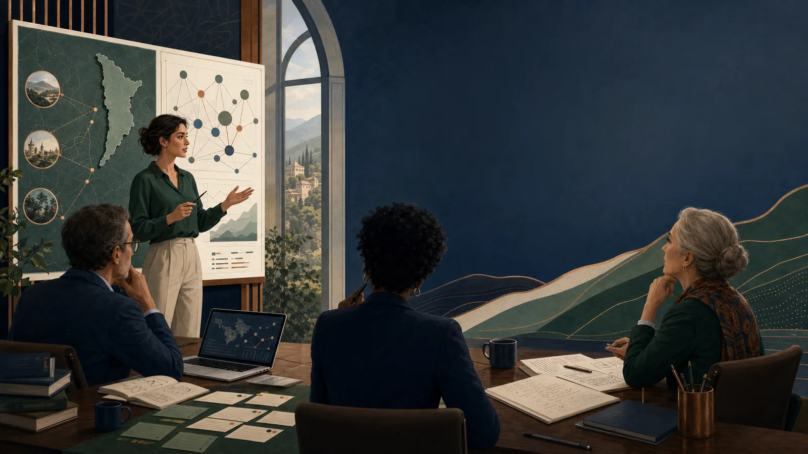 Editorial illustration of an international management doctoral researcher presenting an organisational study