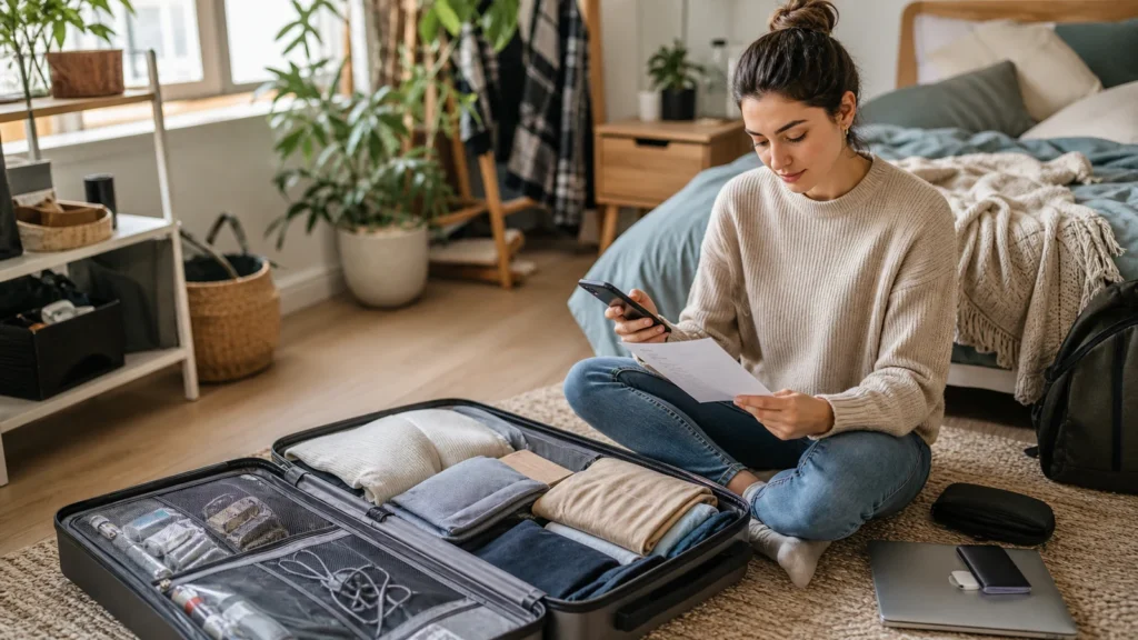 Realistic editorial image of an international student packing documents, study equipment and travel essentials using a pre-arrival checklist