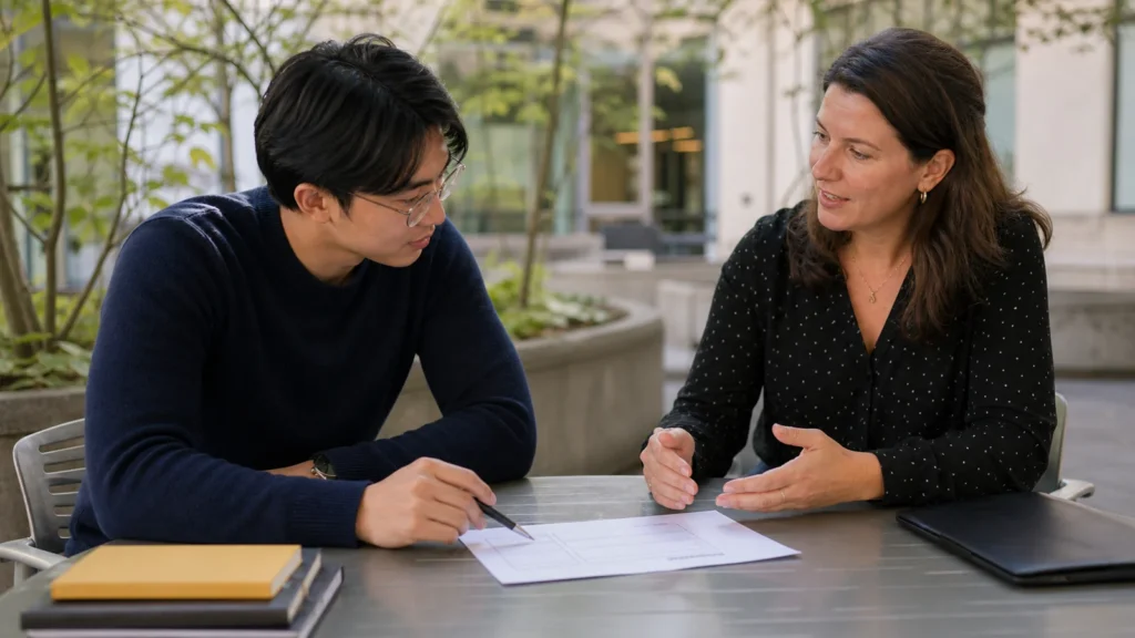 Realistic editorial photograph of a university student meeting a professional mentor in a quiet campus space