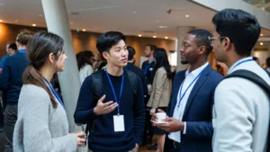 Realistic editorial photograph of international university students having a professional networking conversation after an event