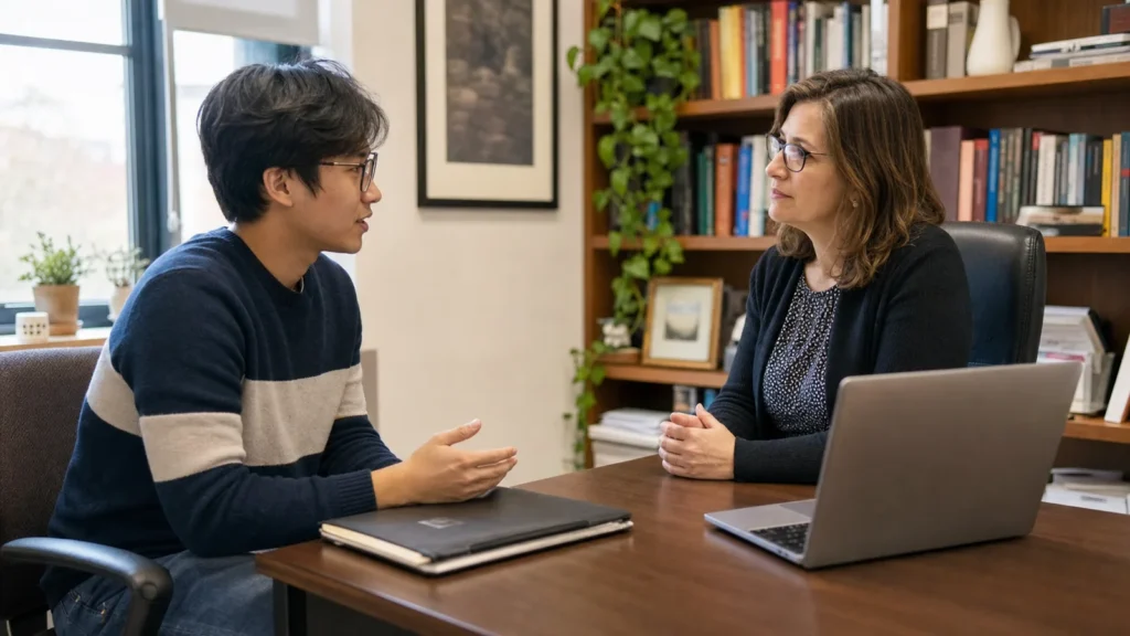 Realistic editorial photograph of an international student preparing a respectful reference request to an academic adviser