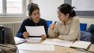Realistic editorial photograph of students comparing psychology and sociology research approaches