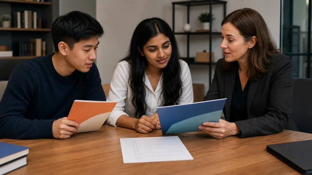 Realistic editorial photograph of students comparing public and private university study options in Tbilisi