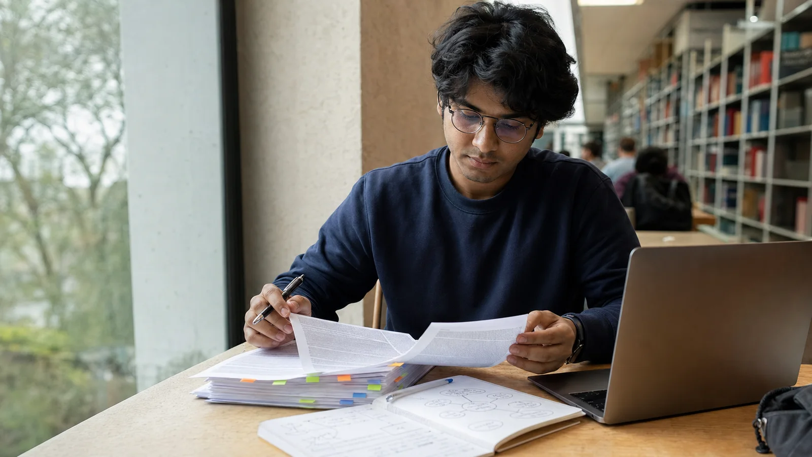 Realistic editorial photograph of an international student reading and annotating an academic journal article on a laptop and paper