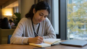 Realistic editorial photograph of an international student reflecting in a notebook after a university practical session