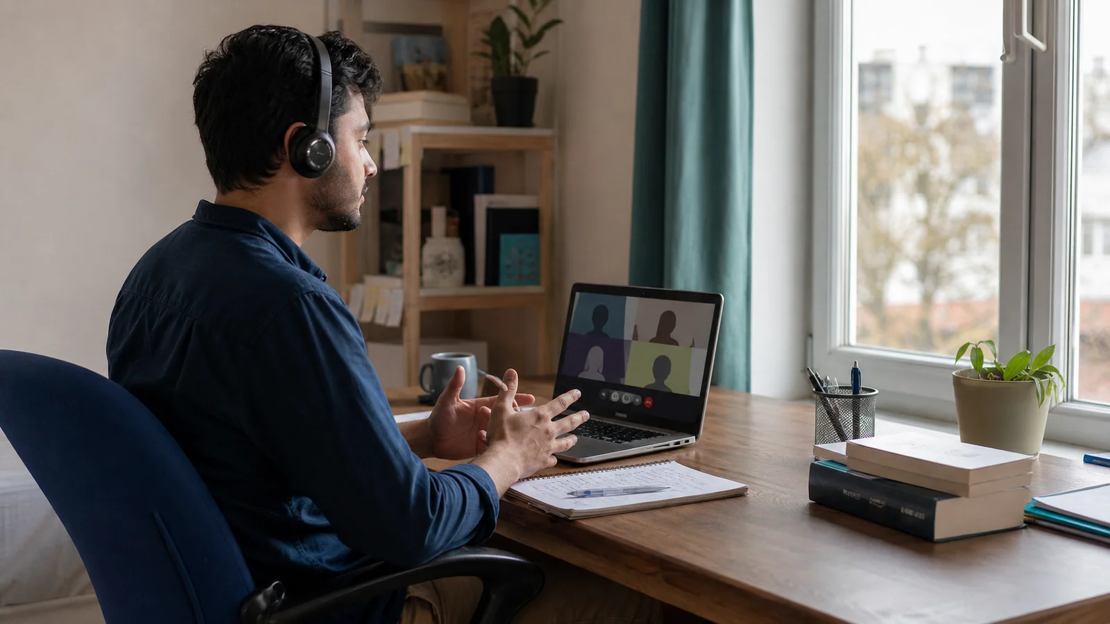 Realistic editorial photograph of a new graduate working in a practical remote setup during a team call