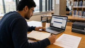Realistic editorial photograph of an international graduate researching an employer using several verified sources