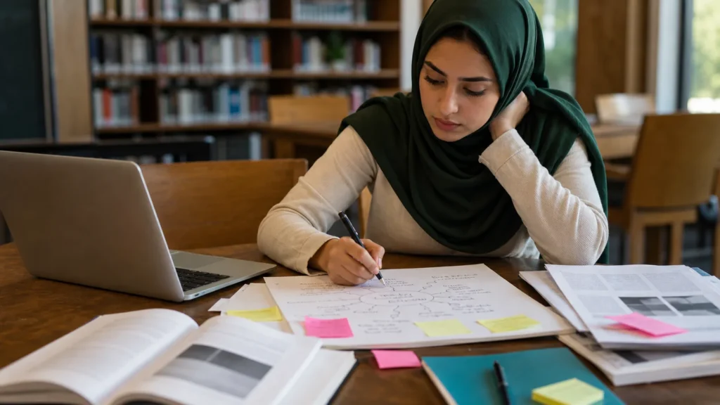 Realistic editorial photograph of a postgraduate applicant developing a research proposal with articles, notes and a laptop