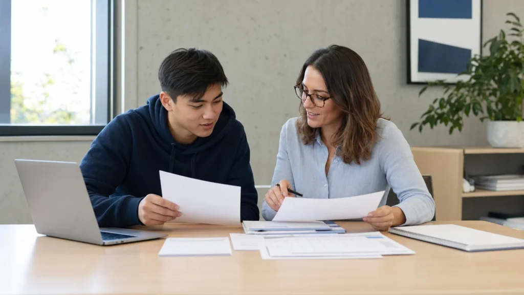 Realistic editorial image of an international student comparing scholarship terms, tuition support and a study budget with an adviser