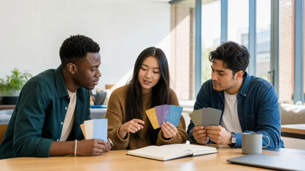 Realistic editorial photograph of international students comparing Georgian National University SEU and Alte University study options