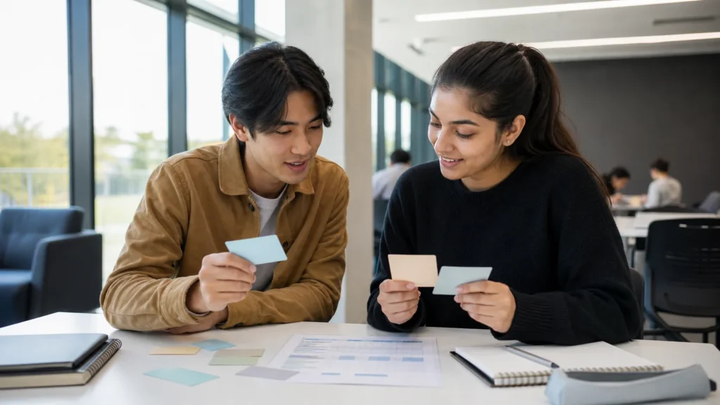 Realistic editorial photograph of international students comparing Georgian National University SEU and Caucasus University study options