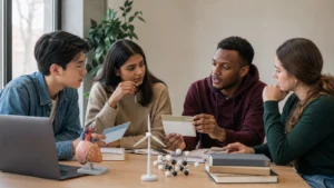 Realistic editorial photograph of international students comparing Georgian National University SEU and Ilia State University study options