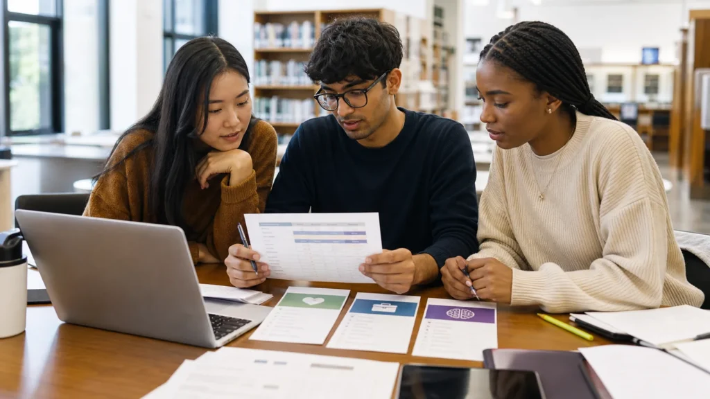 Realistic editorial photograph of international students comparing Georgian National University SEU and The University of Georgia study options
