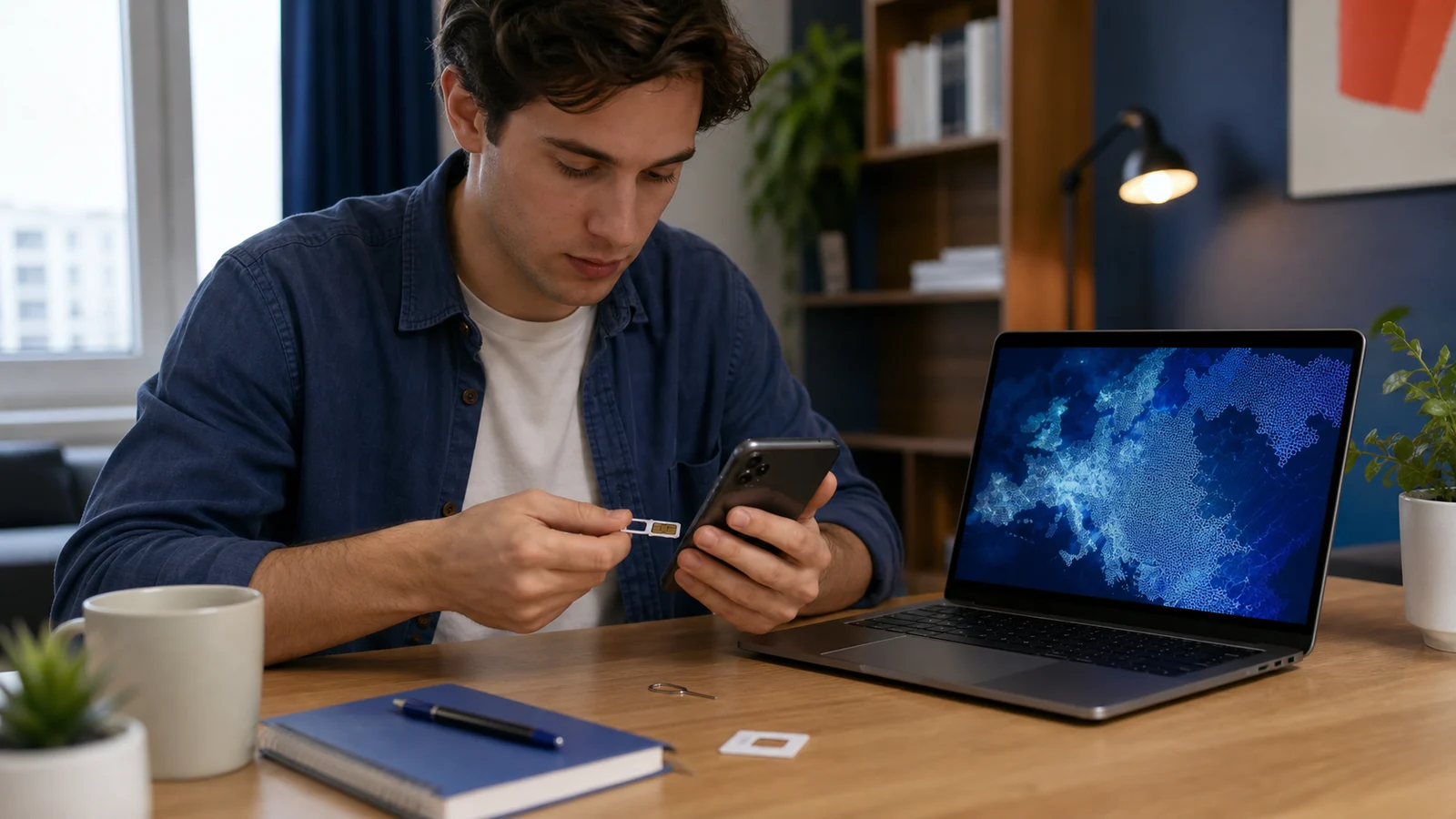 Realistic editorial image of an international student setting up a phone SIM and comparing mobile data coverage in a city study space