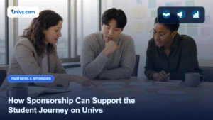 Realistic editorial photograph of a fictional campaign team arranging blank student-journey cards with the exact Univs brand mark and an audience-specific editorial icon panel.
