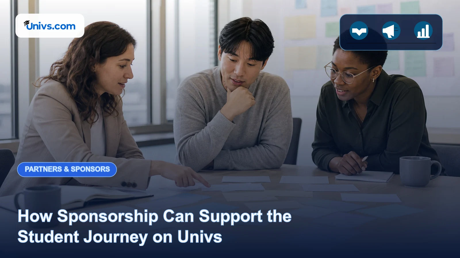 Realistic editorial photograph of a fictional campaign team arranging blank student-journey cards with the exact Univs brand mark and an audience-specific editorial icon panel.