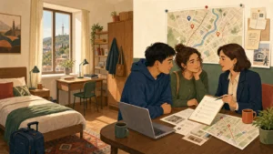 Editorial illustration of international students comparing a room, neighbourhood map, contract and move-in checklist in Georgia