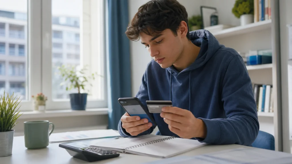 Realistic editorial image of an international student reviewing a bank card, payment app and monthly budget in a bright study space
