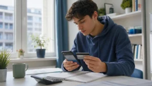 Realistic editorial image of an international student reviewing a bank card, payment app and monthly budget in a bright study space