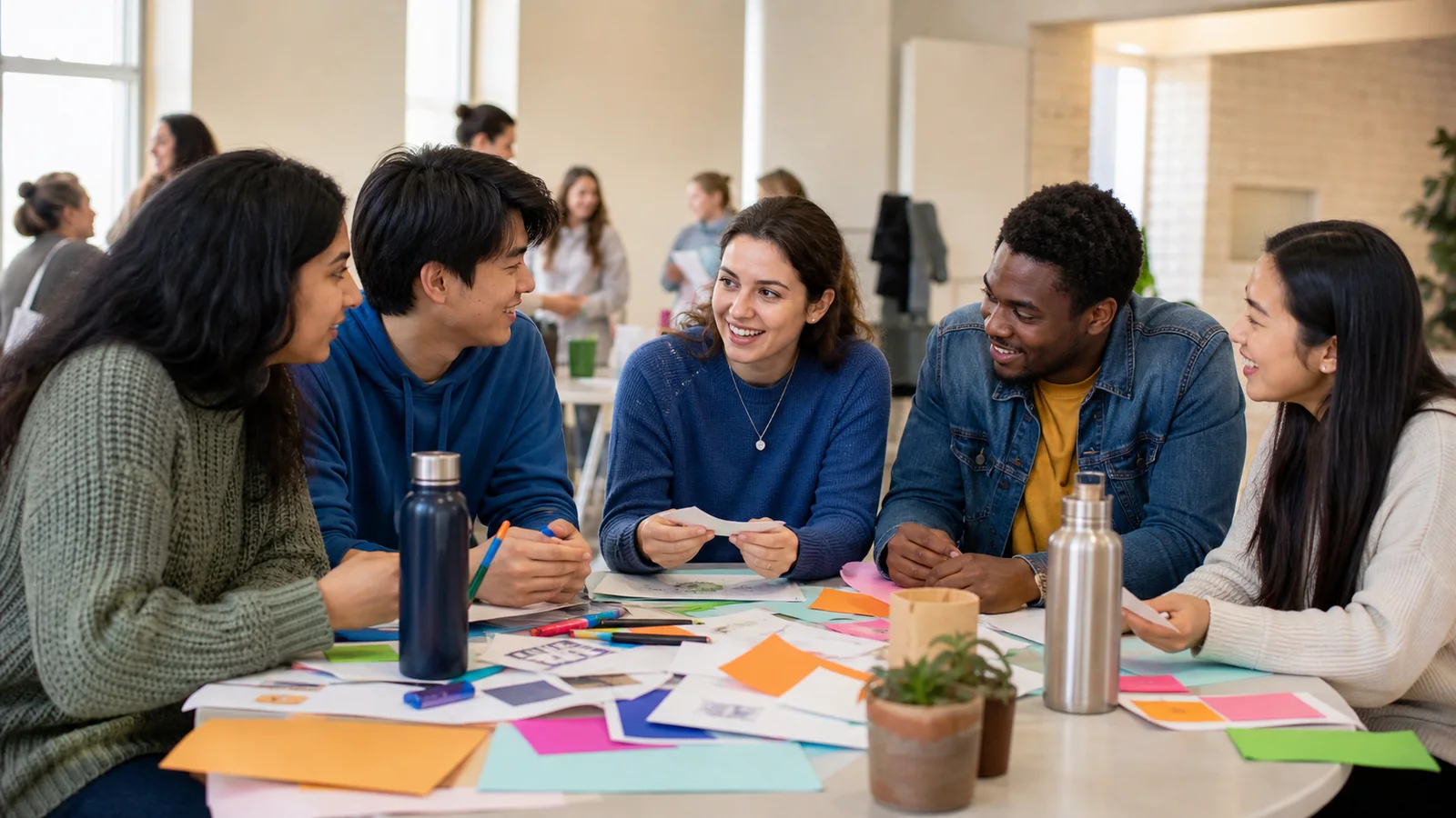 Realistic editorial photograph of diverse international students meeting at a university club activity table