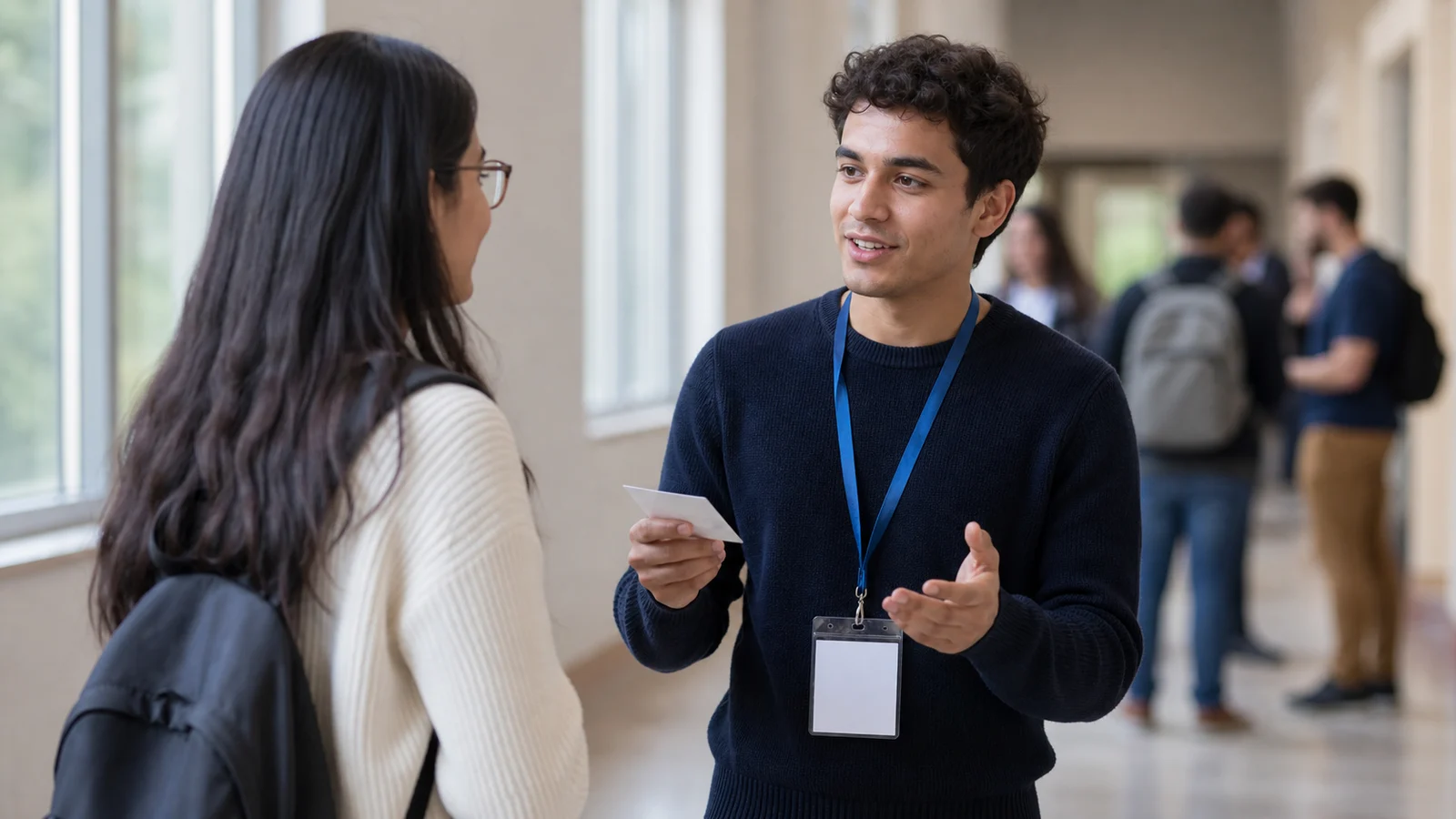 Realistic editorial photograph of an international student practising a concise professional introduction before an event