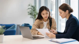 Realistic editorial image of an international student comparing health insurance coverage and claims information with an adviser