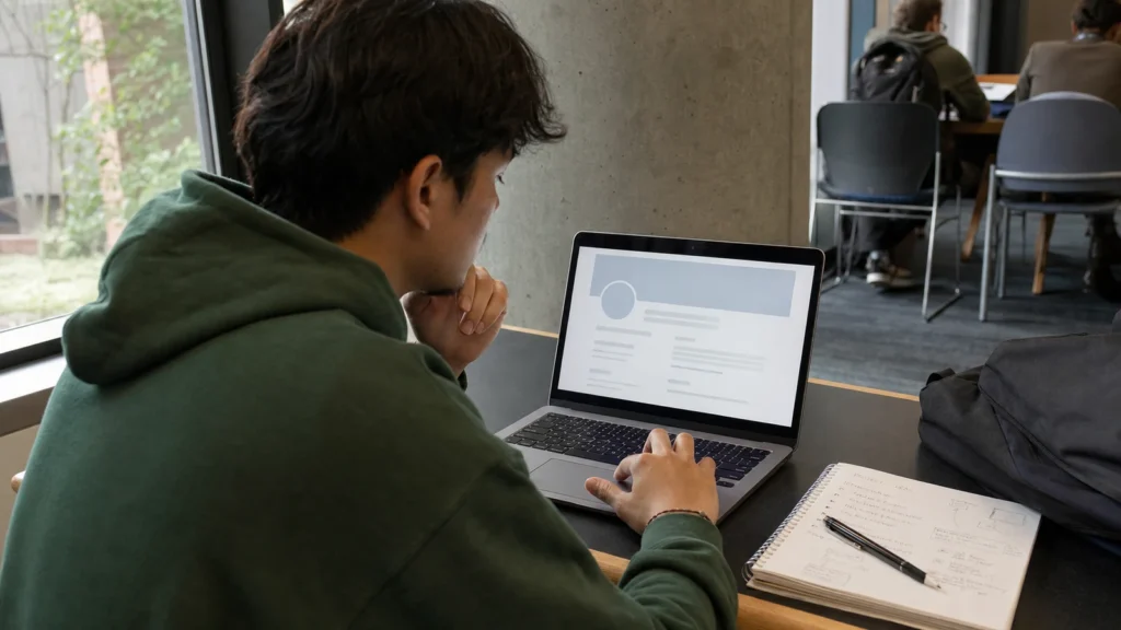 Realistic editorial photograph of an international student reviewing a professional online profile on a laptop