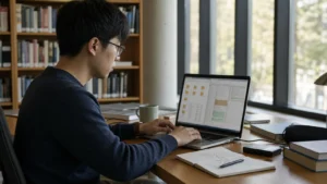 Realistic editorial photograph of an international student organising research data files and documentation on a laptop