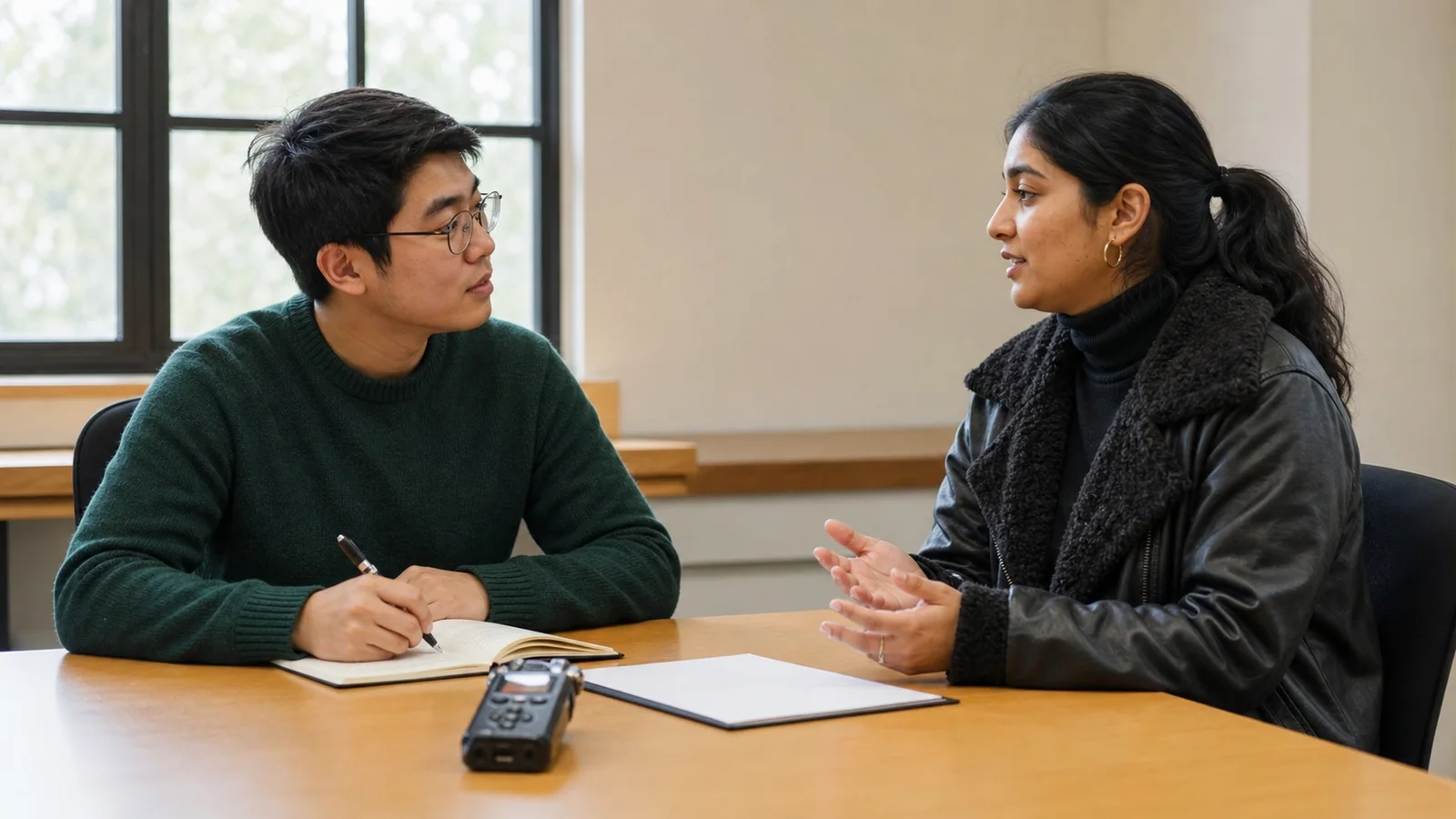 Realistic editorial photograph of an international student researcher conducting a consented interview in a quiet study room