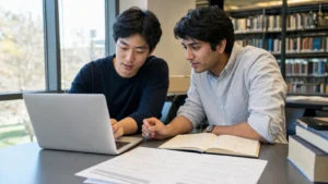 Realistic editorial photograph of an international student testing a research survey questionnaire on a laptop with a peer