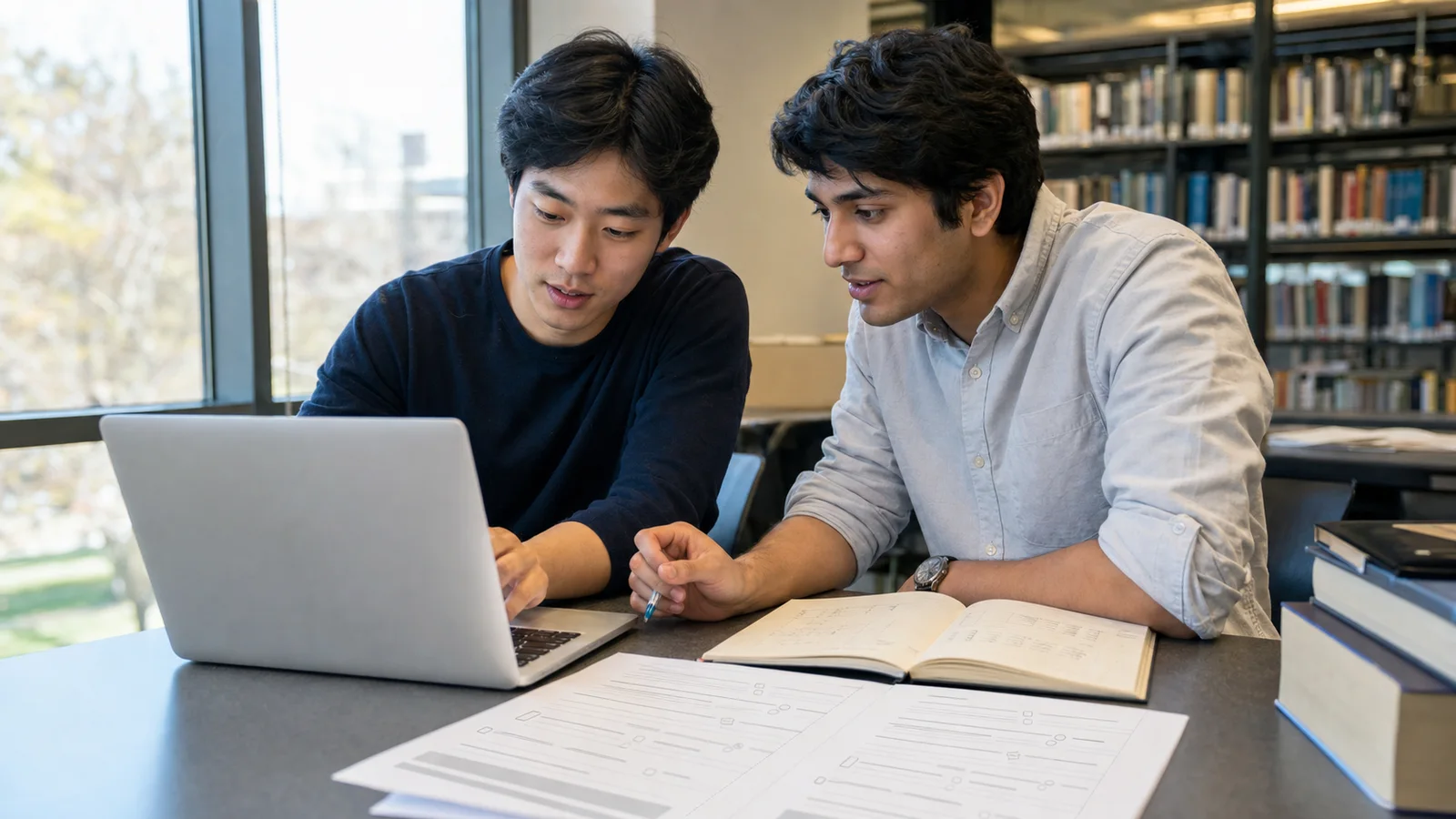 Realistic editorial photograph of an international student testing a research survey questionnaire on a laptop with a peer