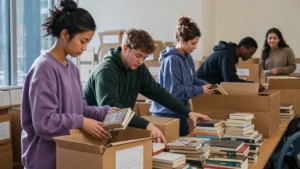Realistic editorial photograph of international university students volunteering on a community project