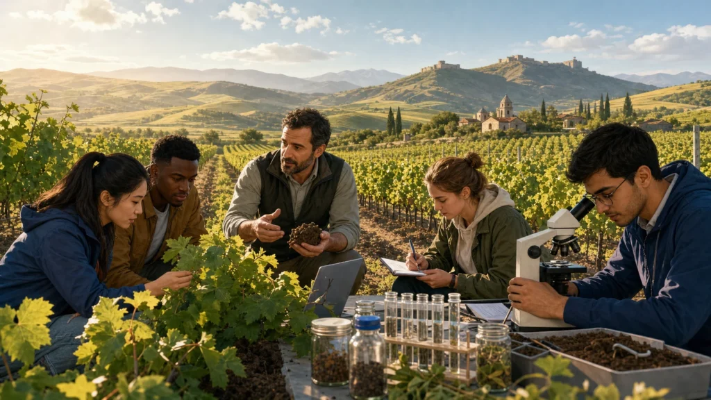 Editorial illustration of international Agriculture students examining vines, soil and cultivation data