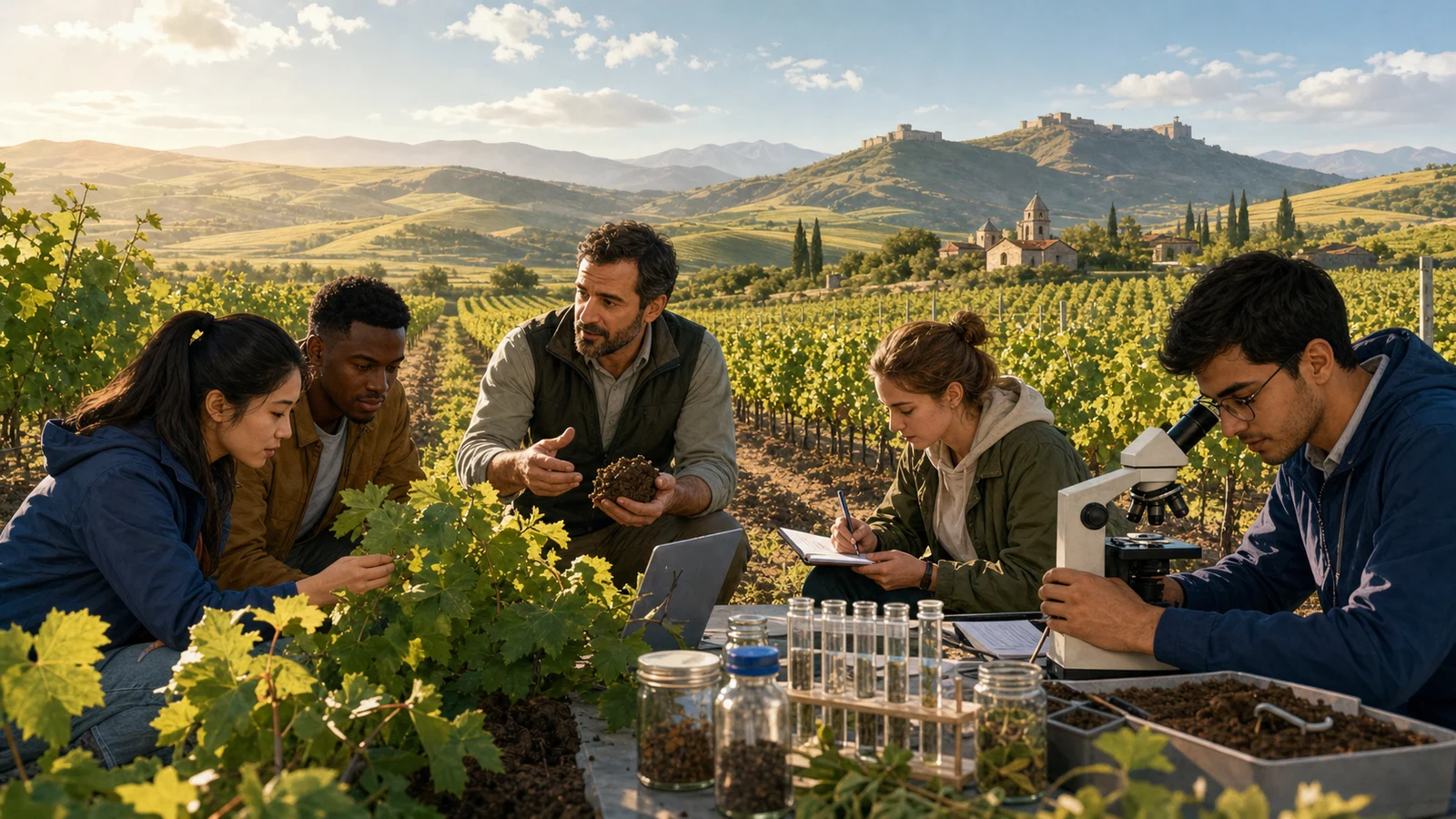 Editorial illustration of international Agriculture students examining vines, soil and cultivation data