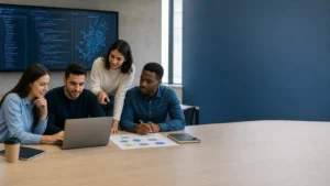 Editorial illustration of international students combining business analysis, programming and responsible artificial intelligence