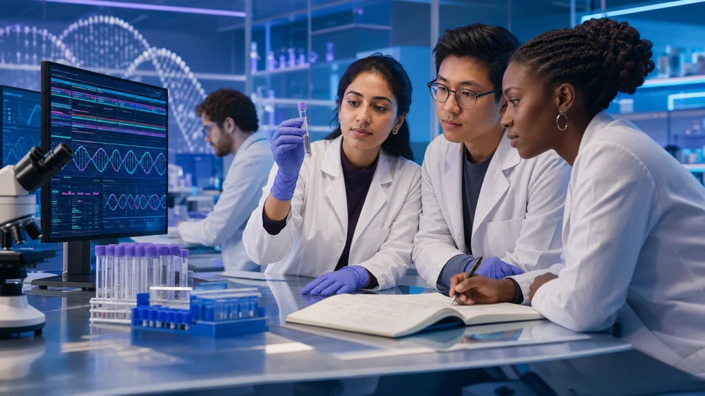 Editorial illustration of international Applied Genetics students examining DNA data and laboratory samples
